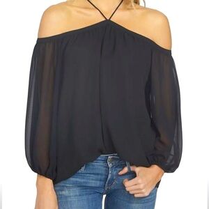 NWT 1.State Women’s Black Halter Long Sleeve Cold Shoulder Blouse Size Small